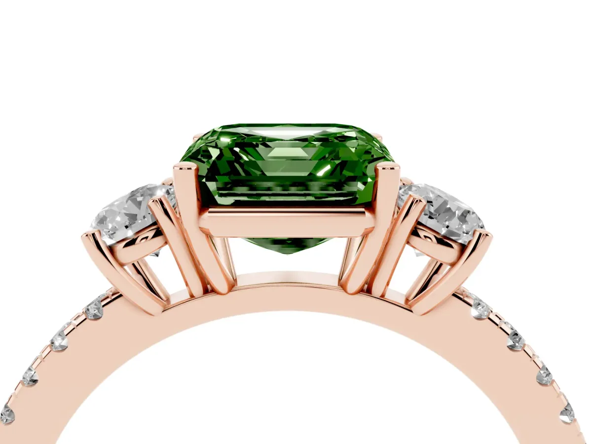 Fancy Green Three-Stone Asscher Cut Cut Diamond Pavé Band with Prong Setting Rose gold