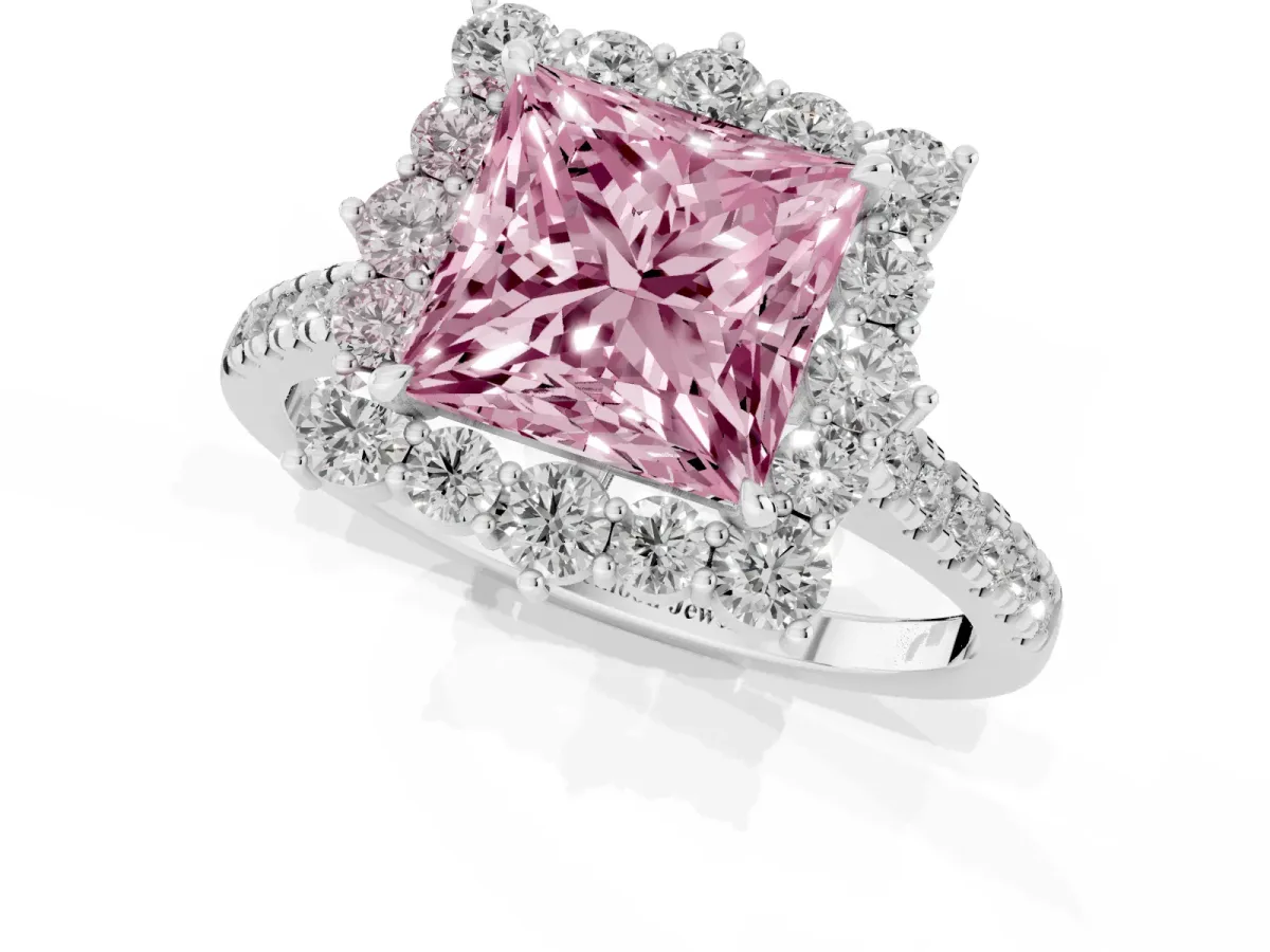 Fancy Pink Princess Cut Halo Diamond Ring with Pavé Band and Prong Setting Silver