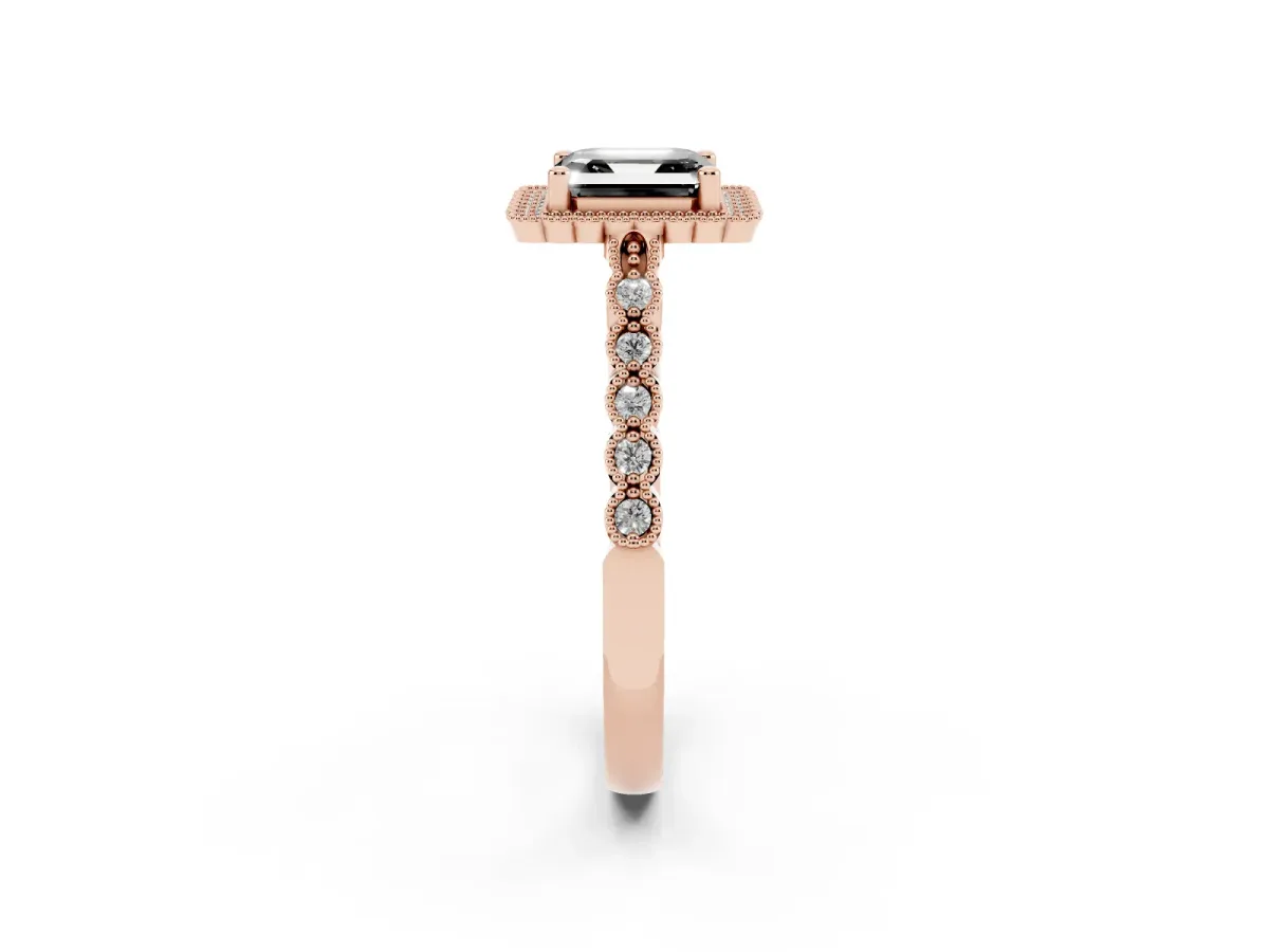 Fancy Black Asscher Cut Cut Halo Pavé Solitaire Ring with Milgrain Band Rose gold