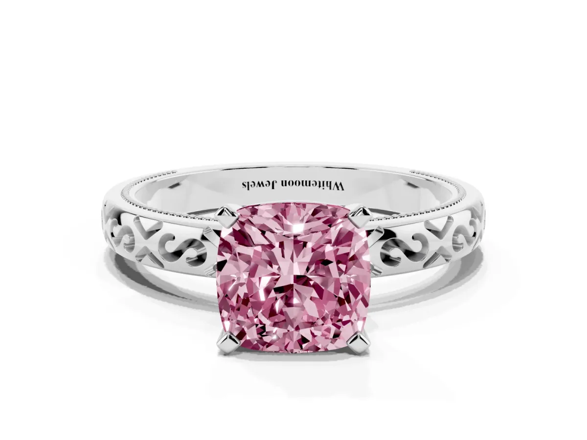 Fancy Pink Cushion Cut Solitaire Engagement Ring with Scrollwork Band and Four-Prong Setting Platinum
