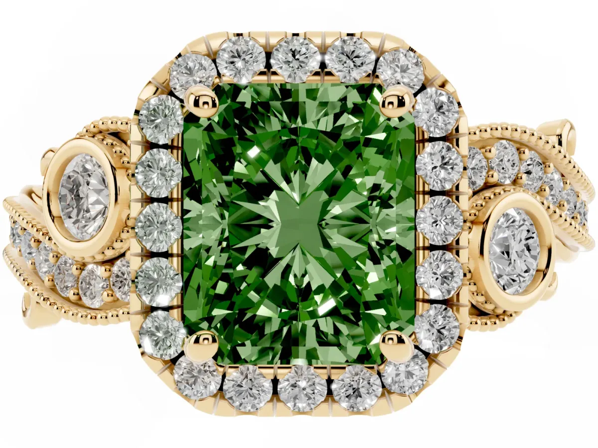 Fancy Green Radiant Cut Halo Diamond Ring with Milgrain and Bezel Accents on a Split Shank Band Yellow gold
