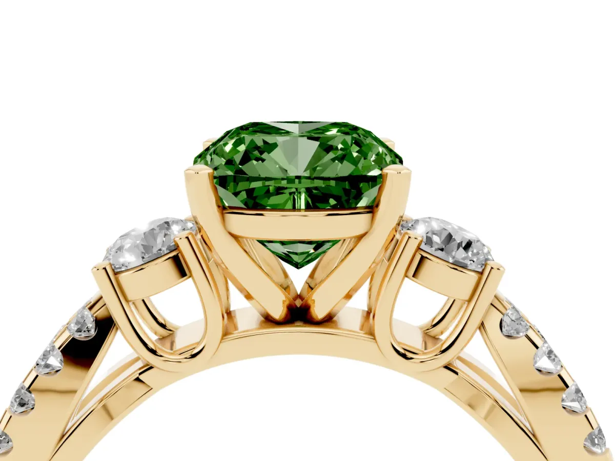 Fancy Green Cushion Cut Diamond Three-Stone Ring with Pavé Split Shank and Four-Prong Setting Yellow gold