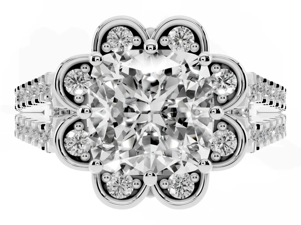 Cushion Cut Halo Diamond Floral Split Shank Engagement Ring Platinum