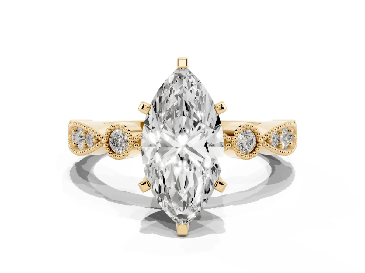Marquise Cut Milgrain Bezel Diamond Engagement Ring with Solitaire Prong Setting Yellow gold