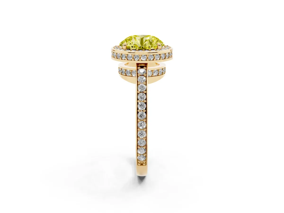 Fancy Yellow Round Cut Halo Pave Band Solitaire Ring with Prong Setting Yellow gold