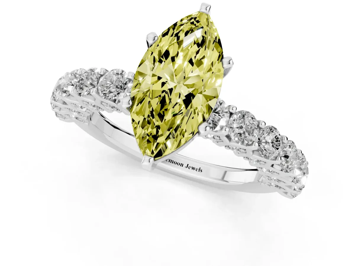 Fancy Yellow Marquise Cut Diamond Solitaire Ring with Shared Prong Pavé Band and Four-Prong Setting Silver