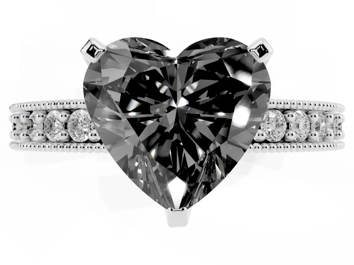 Fancy Black Heart Cut Diamond Milgrain Pavé Engagement Ring with Four-Prong Setting Silver