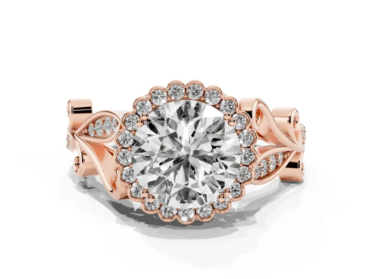 Round Cut Diamond Halo Ring with Vintage Split Shank and Four-Prong Setting Rose gold