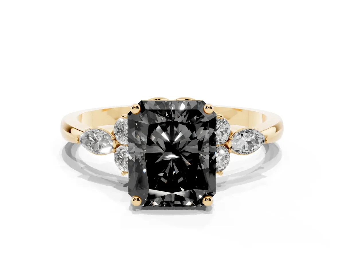 Fancy Black Radiant Cut Brilliant Diamond Solitaire Ring with Pear Side Stones and Four-Prong Setting Yellow gold