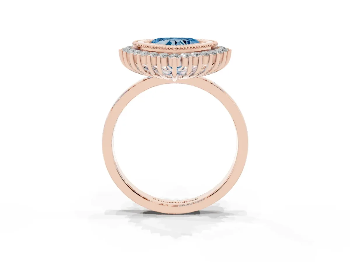 Fancy Blue Heart Cut Halo Diamond Ring with Milgrain Edge and Round Prong Setting Rose gold