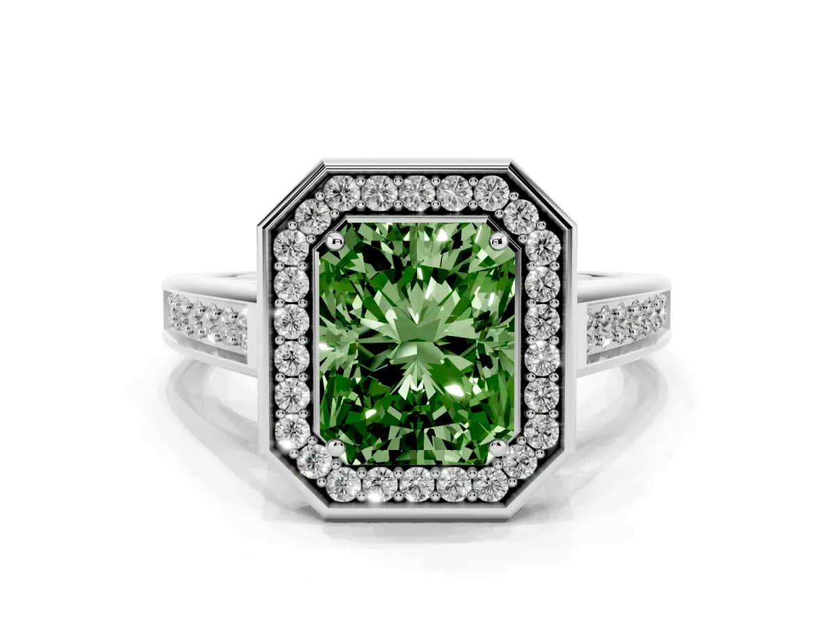 Fancy Green Radiant Cut Halo Solitaire Diamond Ring with Pave Band and Bezel Setting Silver