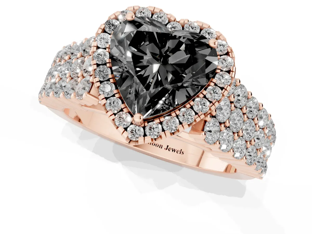 Fancy Black Heart Cut Diamond Halo Engagement Ring with Triple Row Round Pavé Band and Prong Setting Rose gold