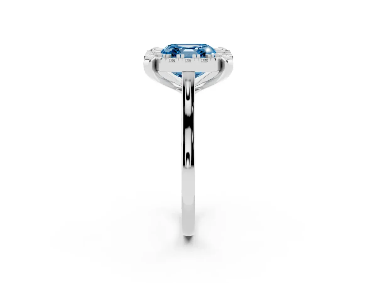 Fancy Blue Asscher Cut Diamond Cluster Halo Solitaire with Four-Prong Setting Silver