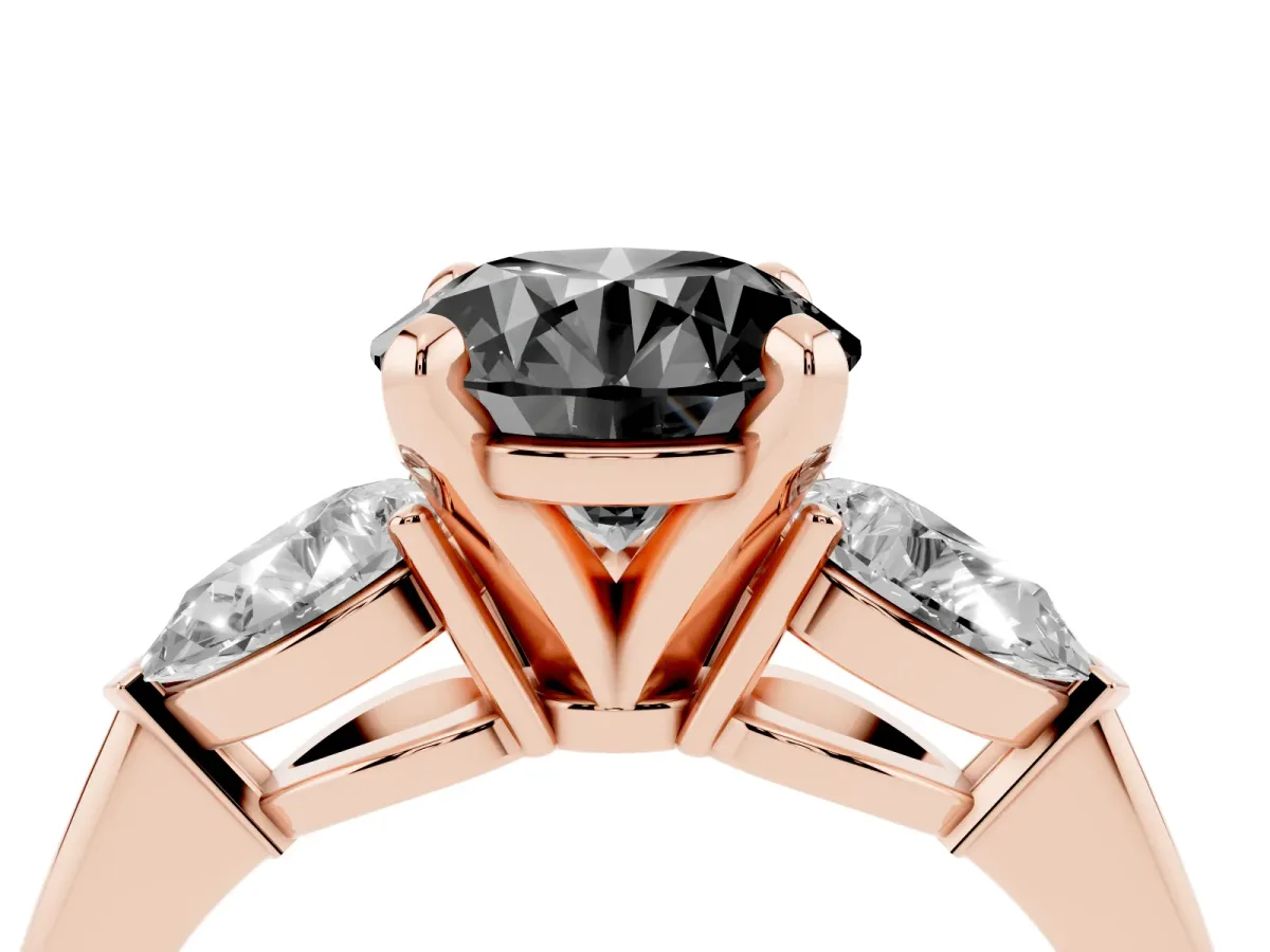 Fancy Black Three-Stone Round Cut Diamond Ring with Pear Side Stones and Four-Prong Setting Rose gold