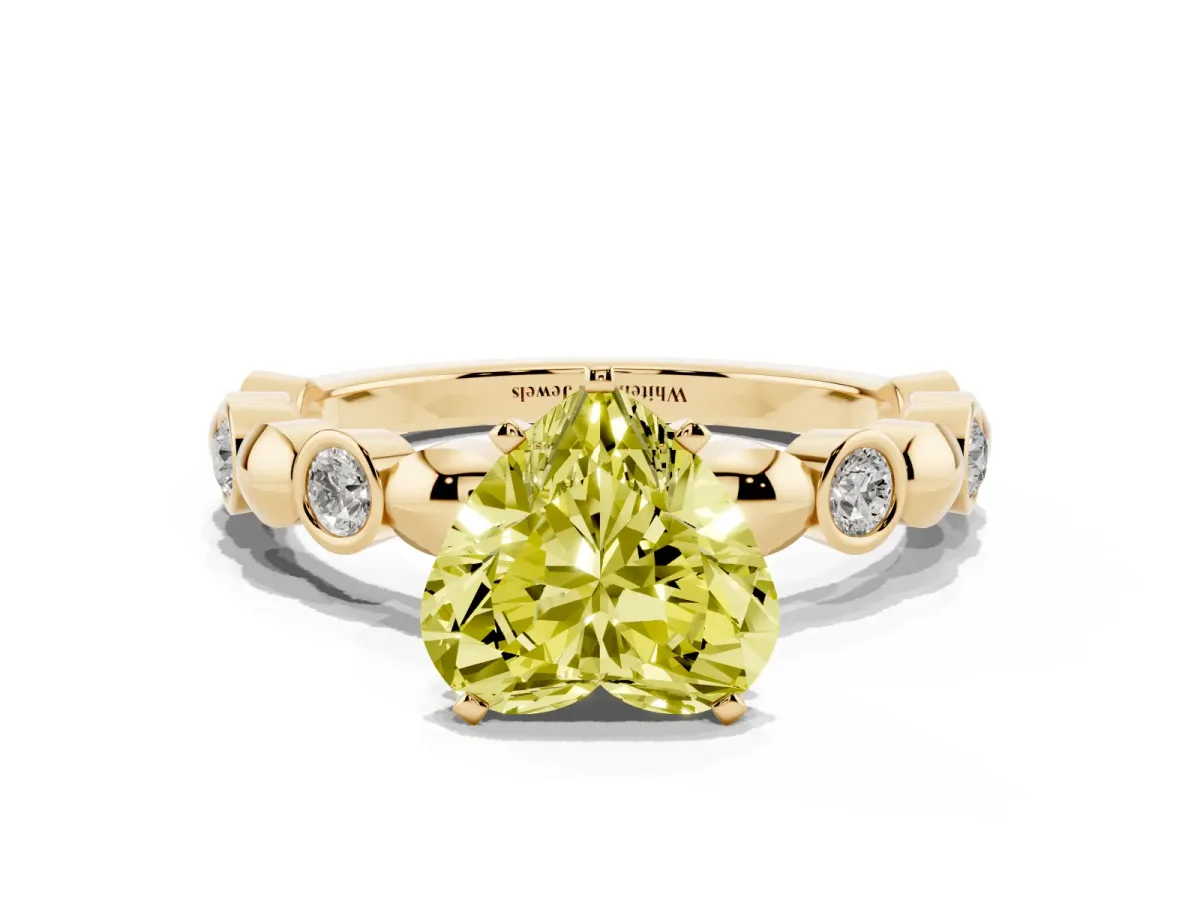 Fancy Yellow Heart Cut Solitaire Bezel-Set Diamond Ring with Beaded Band and Four-Prong Setting Yellow gold