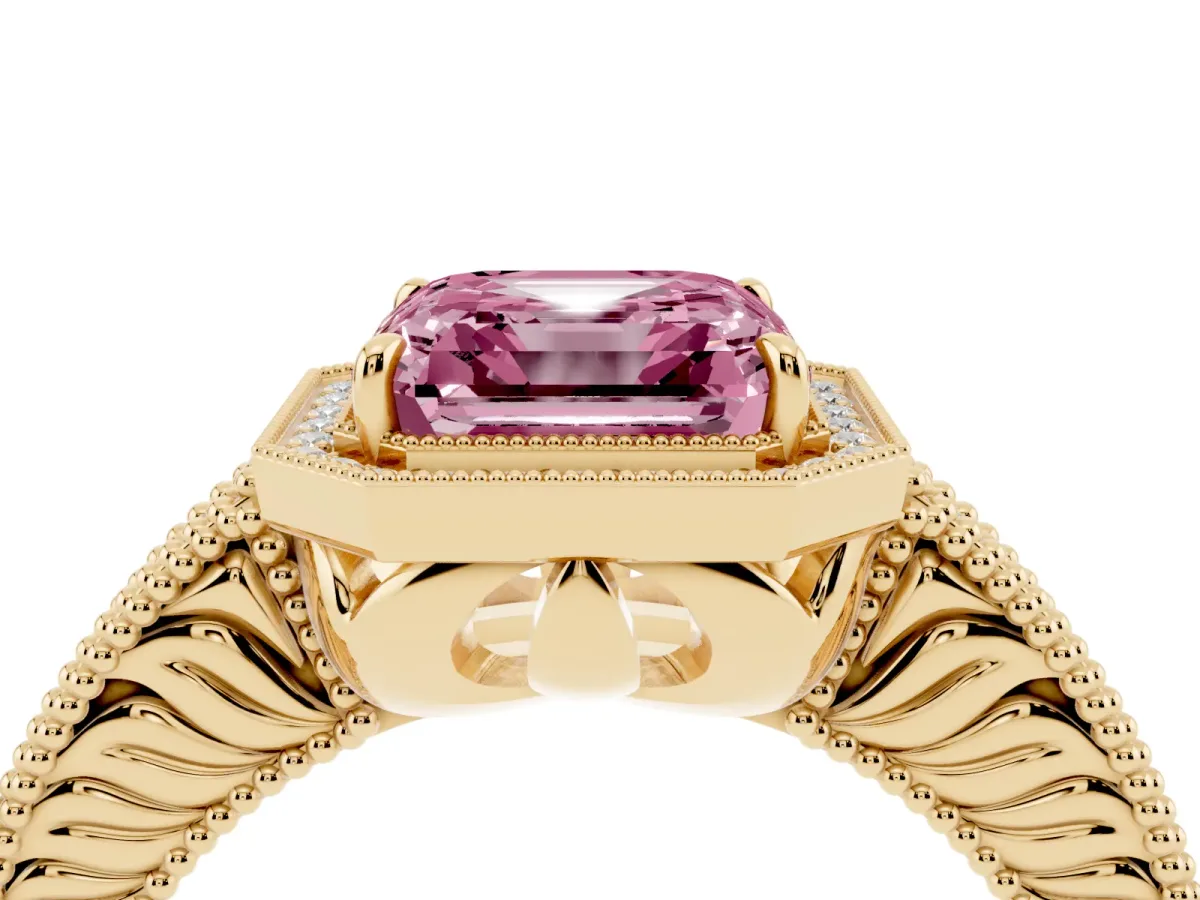Fancy Pink Asscher Cut Cut Halo Diamond Ring with Pavé Band and Four-Prong Setting Yellow gold