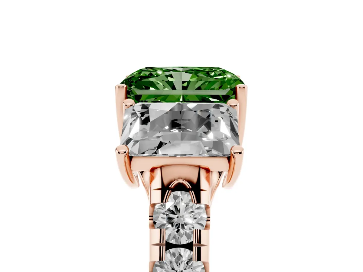 Fancy Green Three-Stone Radiant Cut Diamond Pavé Band with Prong Setting Rose gold
