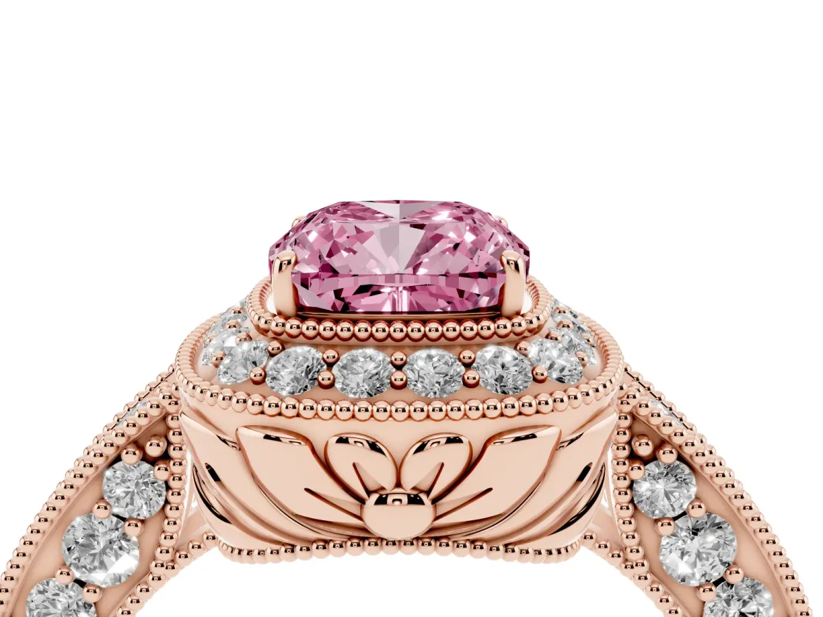 Fancy Pink Cushion Cut Halo Diamond Split Shank Ring with Milgrain Detail Rose gold