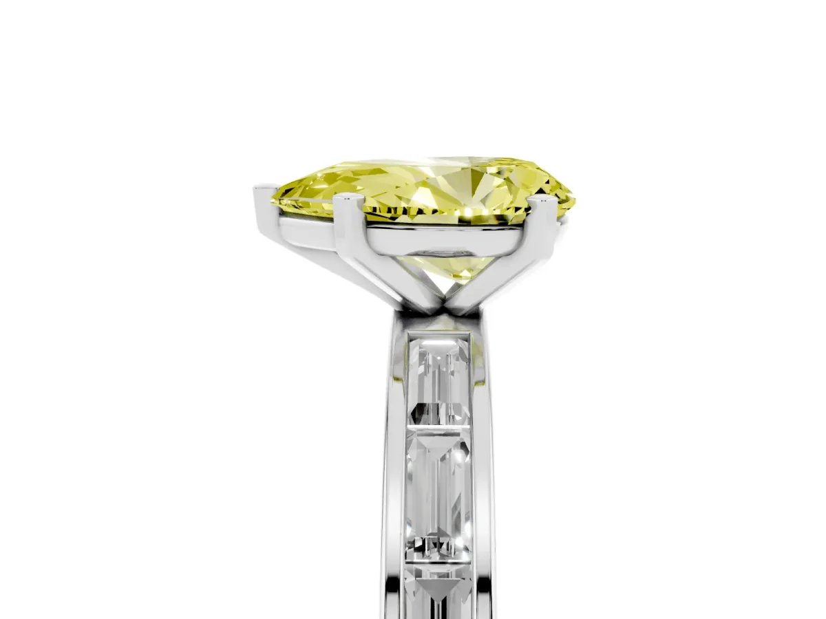 Fancy Yellow Pear Cut Solitaire Diamond Ring with Channel-Set Baguette Band and Four-Prong Setting Silver