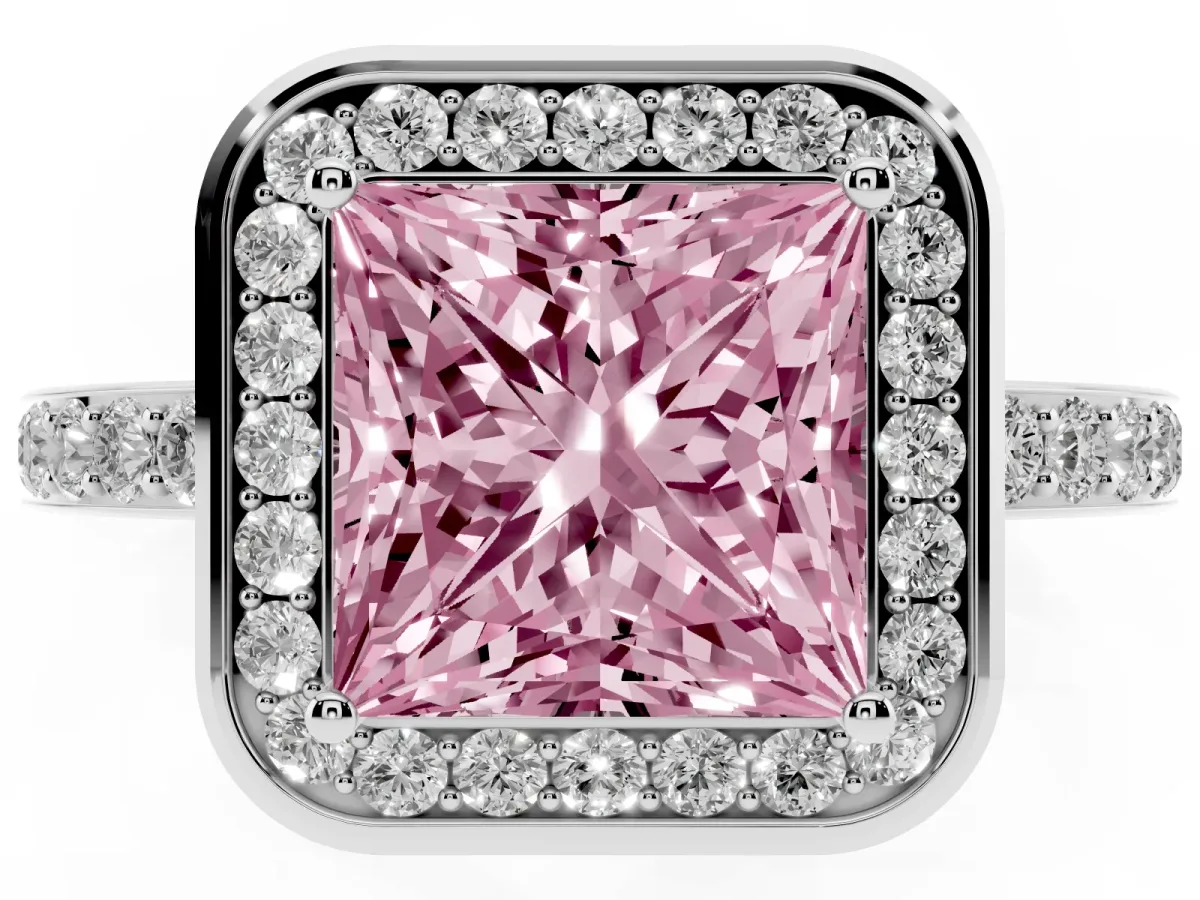 Fancy Pink Princess Cut Diamond Halo Ring with Bezel Frame and Pavé Band Platinum