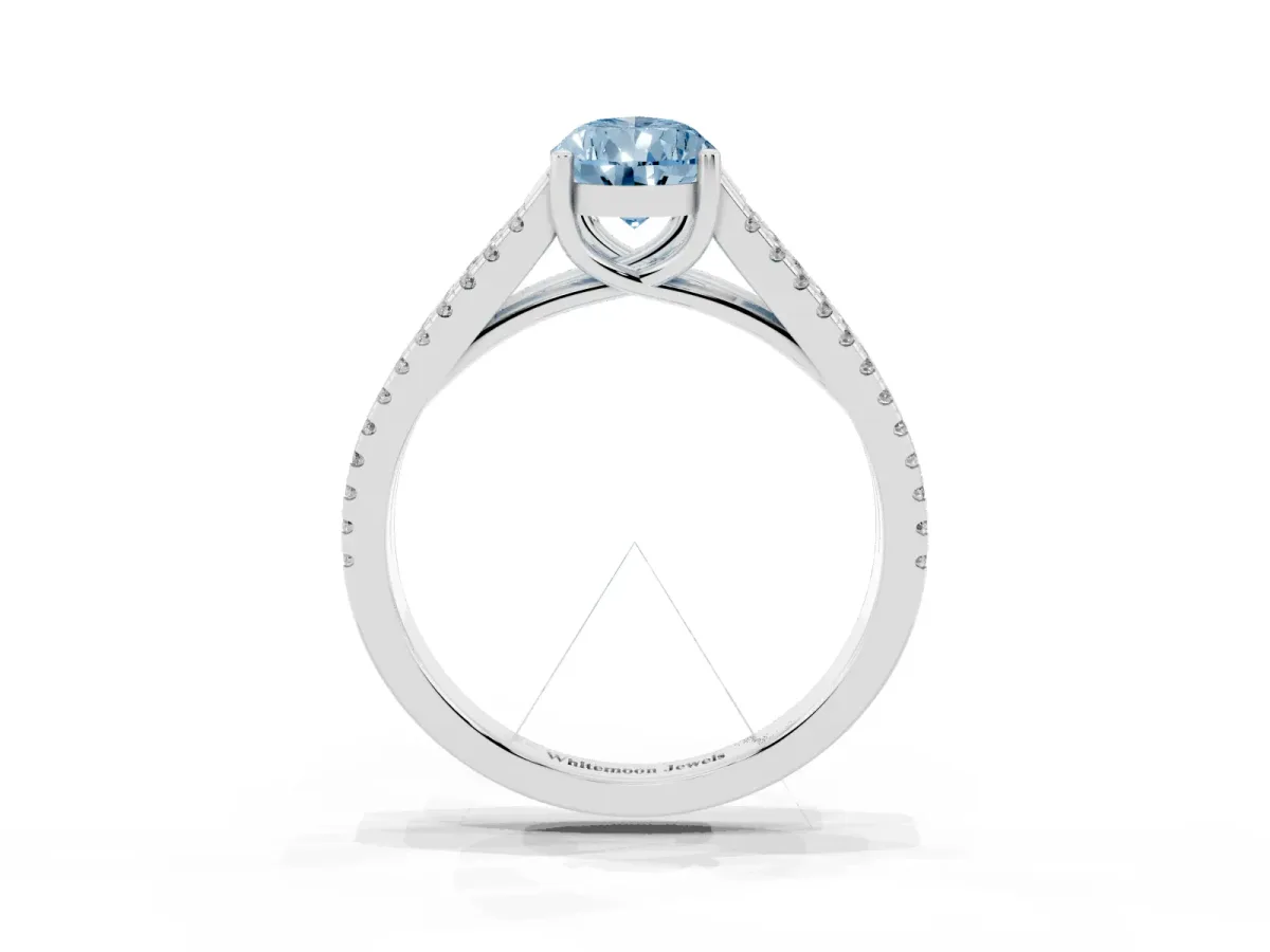 Fancy Blue Pear Cut Diamond Solitaire Engagement Ring with Split Shank Pavé Band Platinum