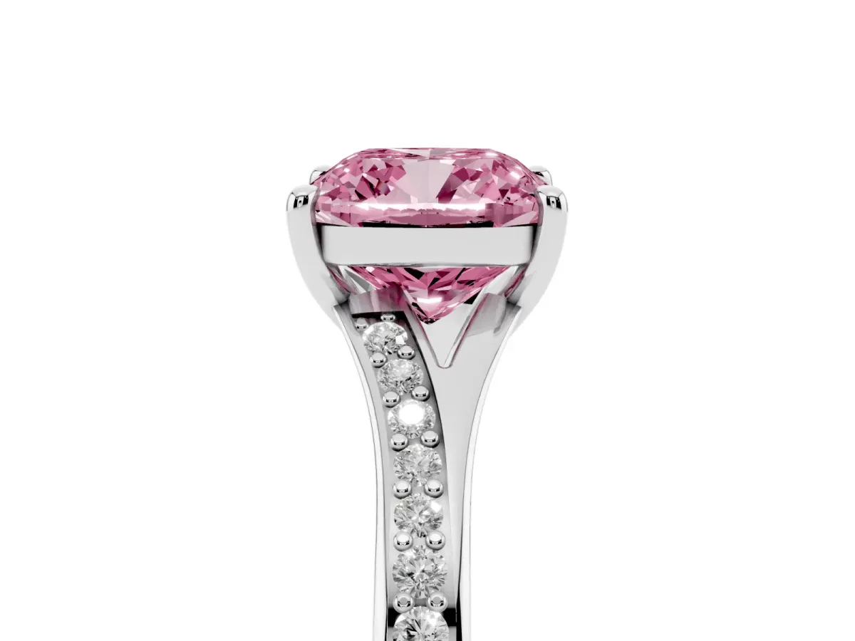 Fancy Pink Cushion Cut Diamond Solitaire Ring with Pavé Band and Prong Setting Silver