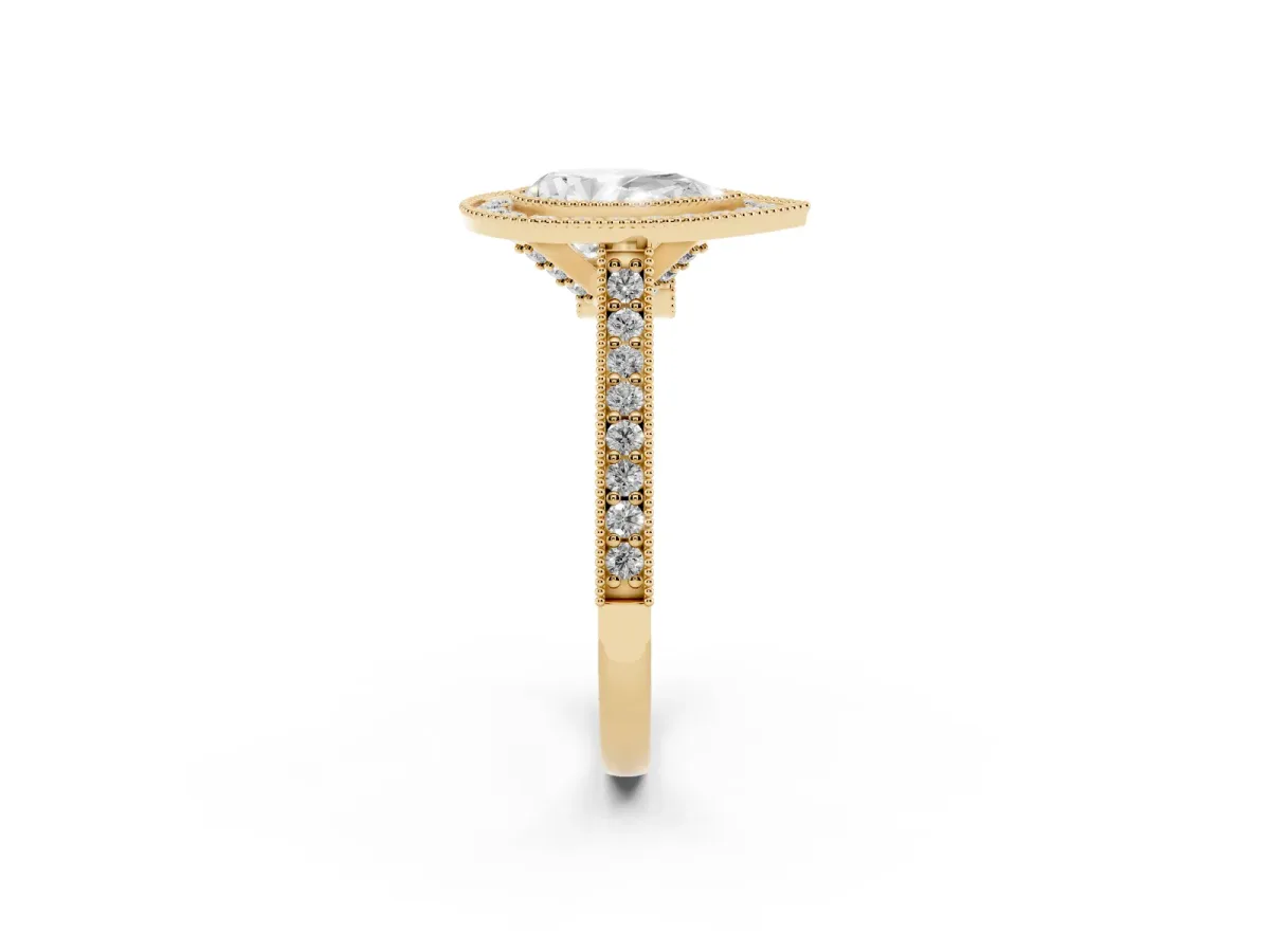 Halo Pear Cut-Cut Diamond Pave Band Milgrain Prong Setting Ring Yellow gold