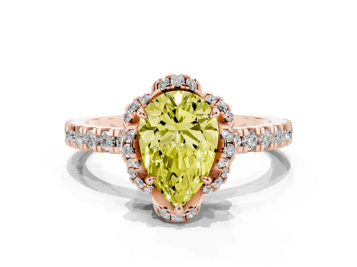 Fancy Yellow Pear Cut Diamond Halo Pave Band with Four-Prong Setting Rose gold