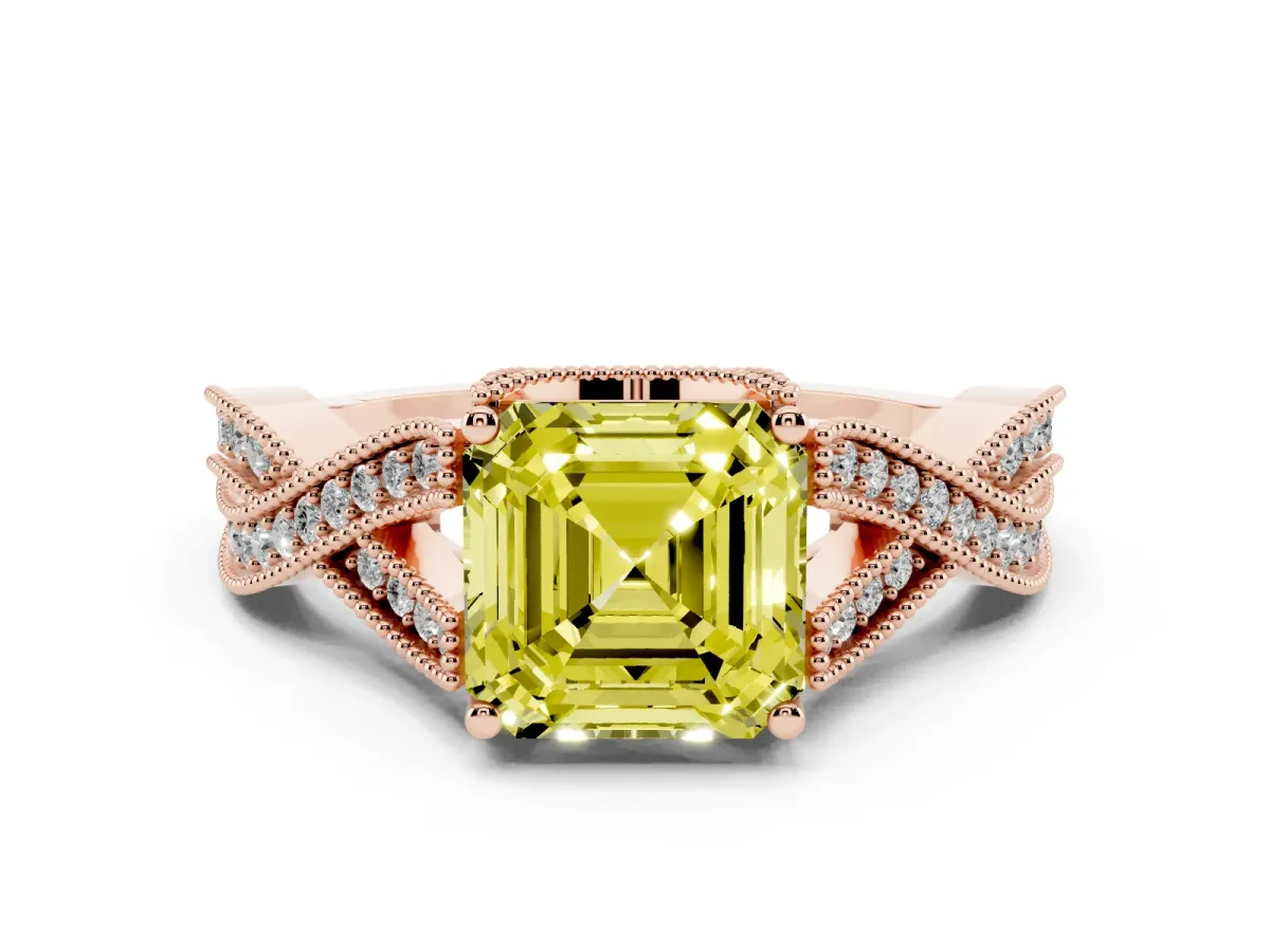 Fancy Yellow Asscher Cut Cut Diamond Twisted Band with Milgrain Pave Setting and Four-Prong Setting Rose gold