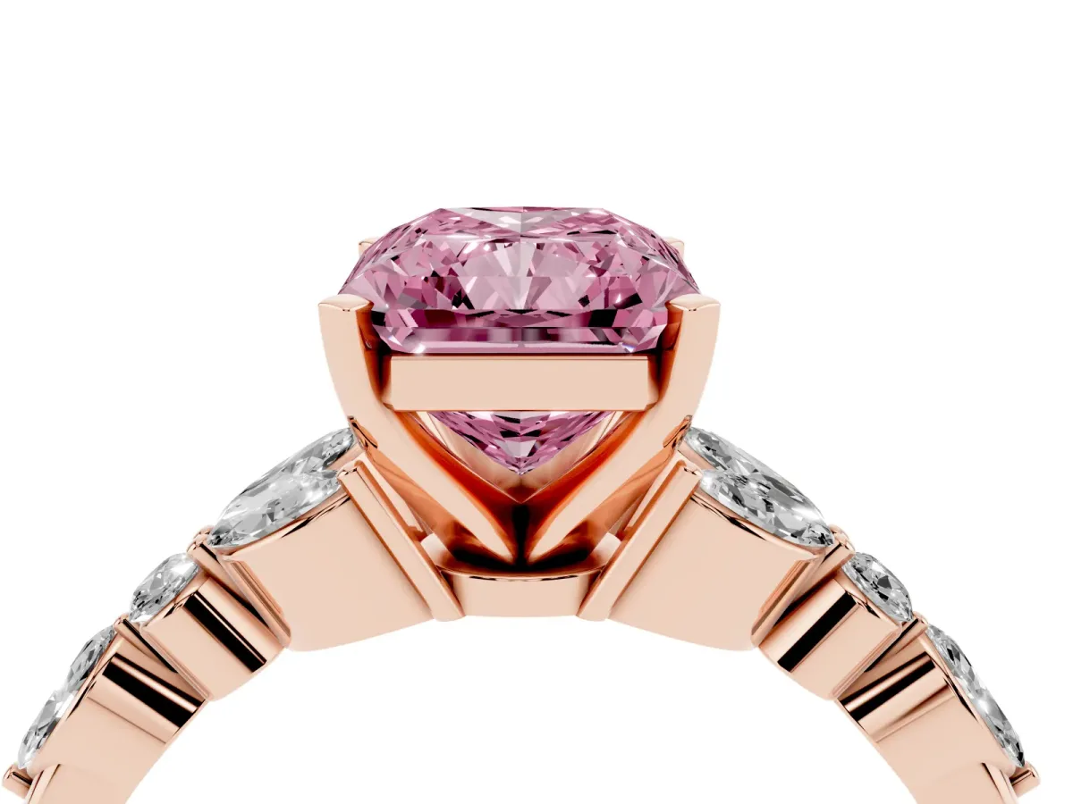 Fancy Pink Radiant Cut Diamond Solitaire Ring with Side Stones and Four-Prong Setting Rose gold