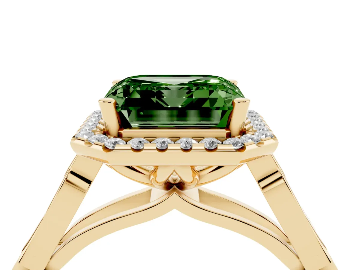 Fancy Green Asscher Cut Halo Diamond Engagement Ring with Filigree Band and Four-Prong Setting Yellow gold