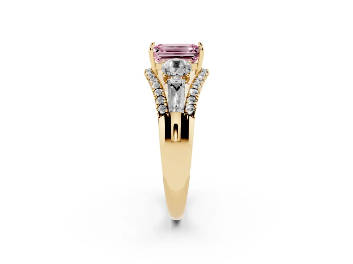 Fancy Pink Three-Stone Emerald Cut Diamond Engagement Ring with Pave Band and Prong Setting Yellow gold