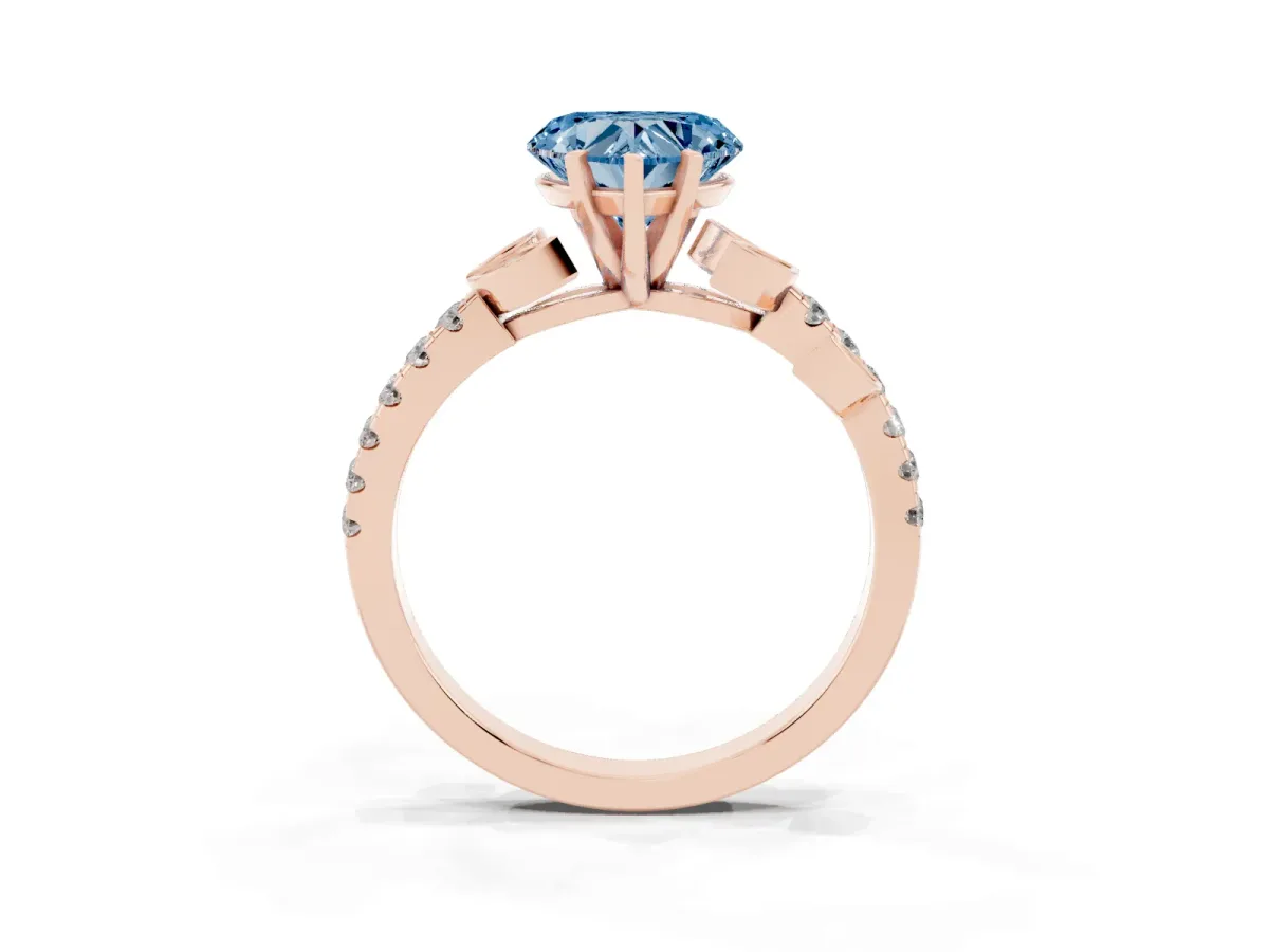 Fancy Blue Heart Cut Solitaire Leaf-Inspired Diamond Ring with Pavé Band and Four-Prong Setting Rose gold