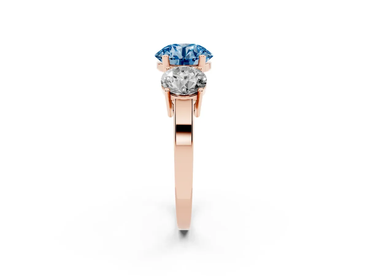 Fancy Blue Three-Stone Round Cut Cut Diamond Engagement Ring with Flat Band and Four-Prong Setting Rose gold