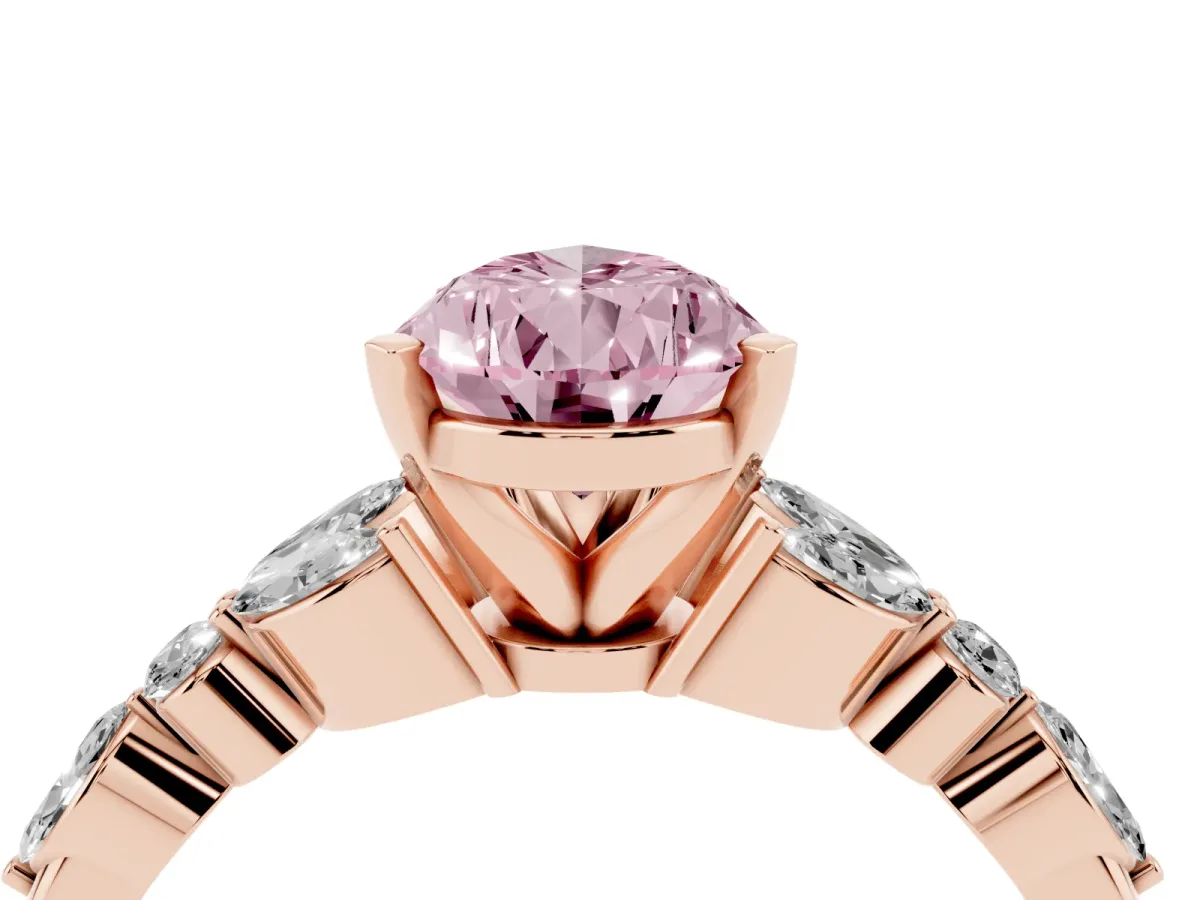 Fancy Pink Pear Cut Diamond Solitaire Ring with Side Stones and Four-Prong Setting Rose gold