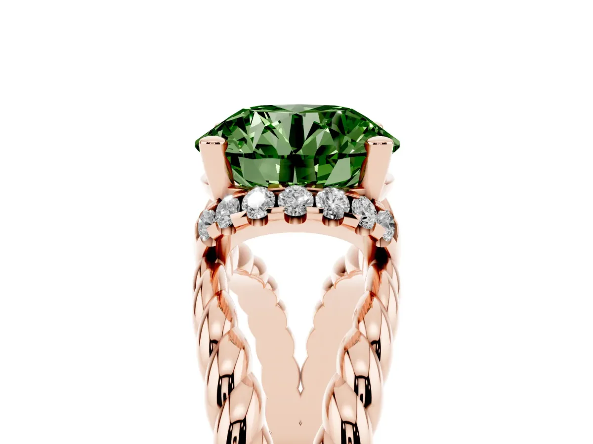 Fancy Green Round Cut Halo Twisted Band Four-Prong Ring Rose gold
