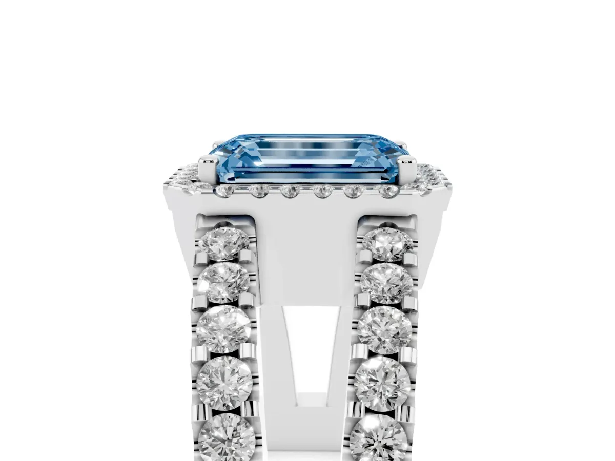 Fancy Blue Emerald Cut Cut Halo Split Shank Diamond Ring with Four-Prong Setting Silver