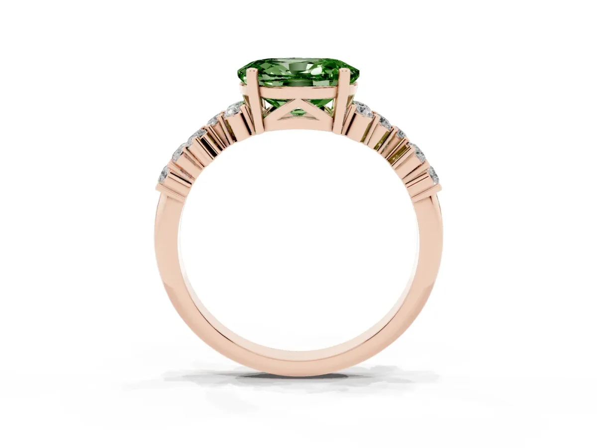 Fancy Green Oval Cut Diamond Scattered Round Accent Ring with Prong Setting Rose gold