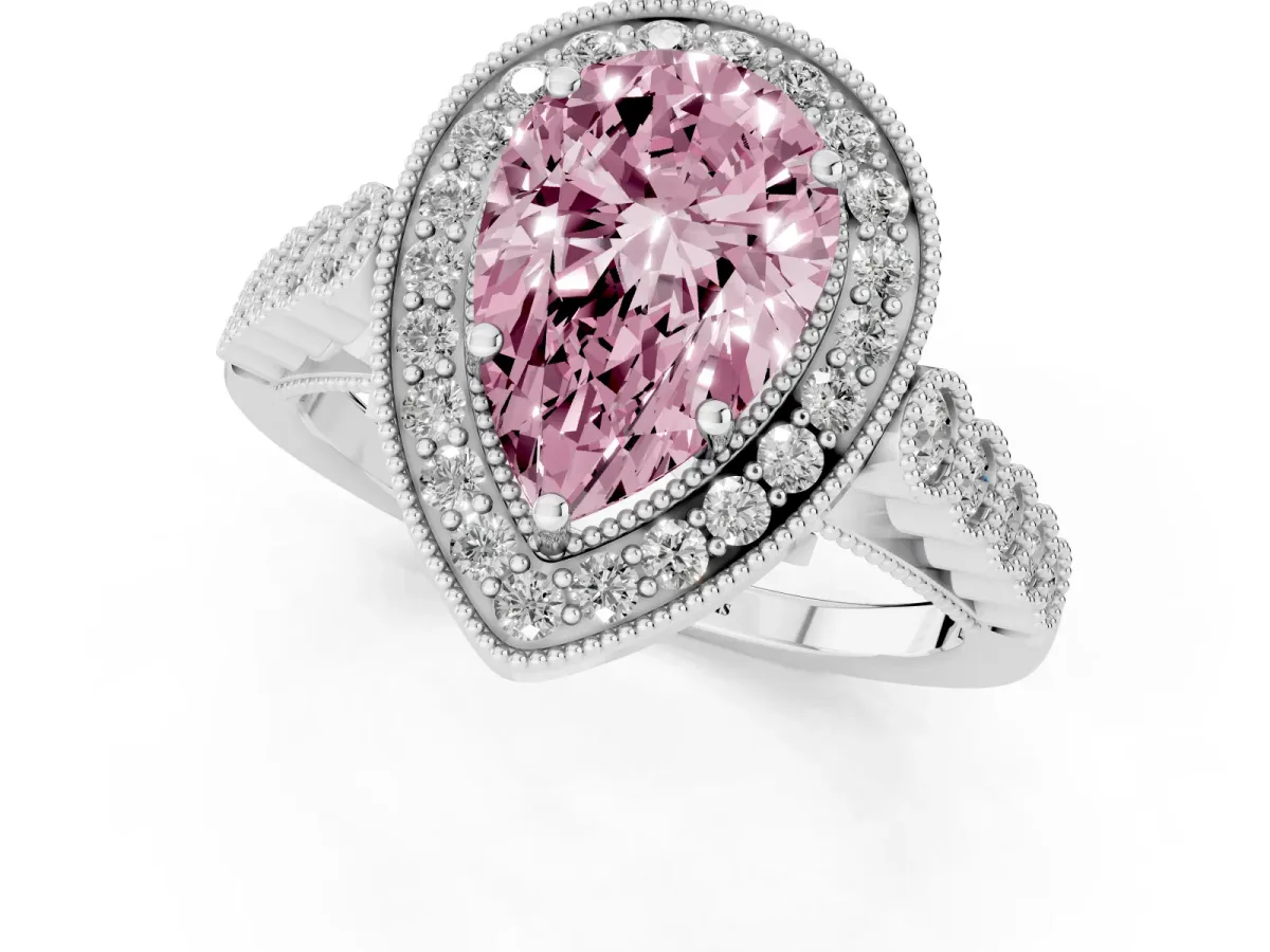 Fancy Pink Pear Cut Halo Milgrain Solitaire with Bezel Set Side Stones and Pave Band White gold