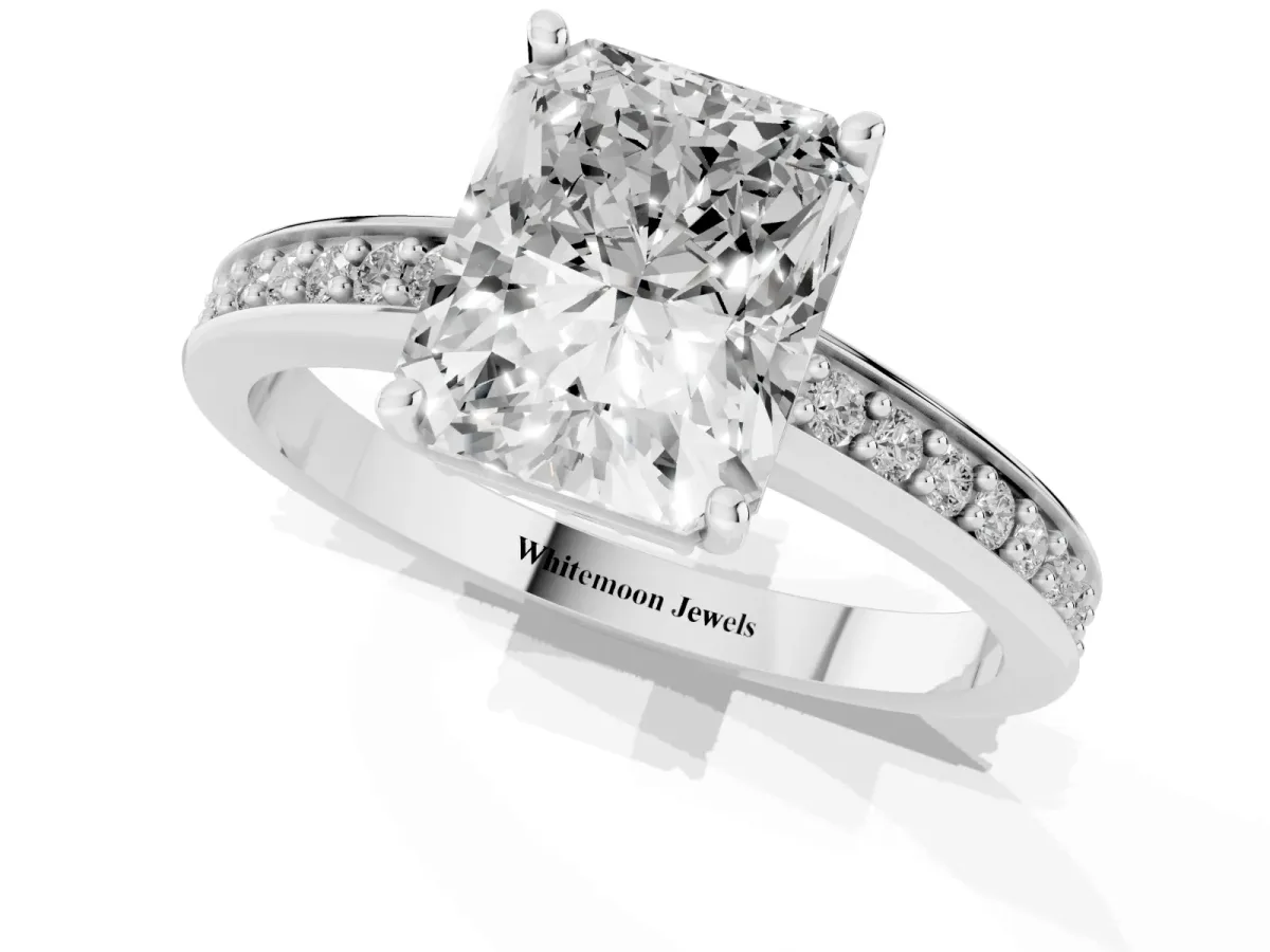 Radiant Cut Solitaire Pavé Band Prong Setting Ring Platinum