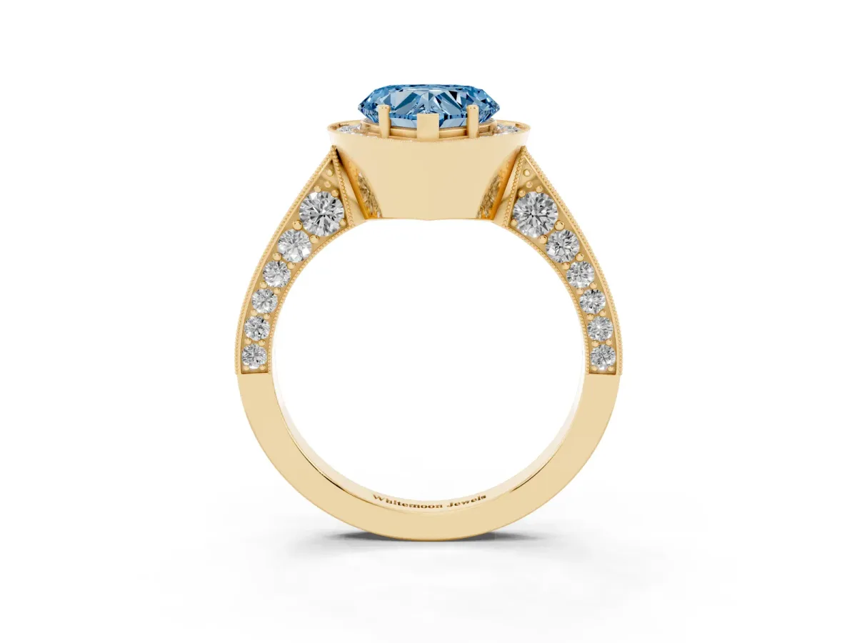 Fancy Blue Heart Cut Halo Diamond Engagement Ring with Split Shank Band and Four-Prong Setting Yellow gold