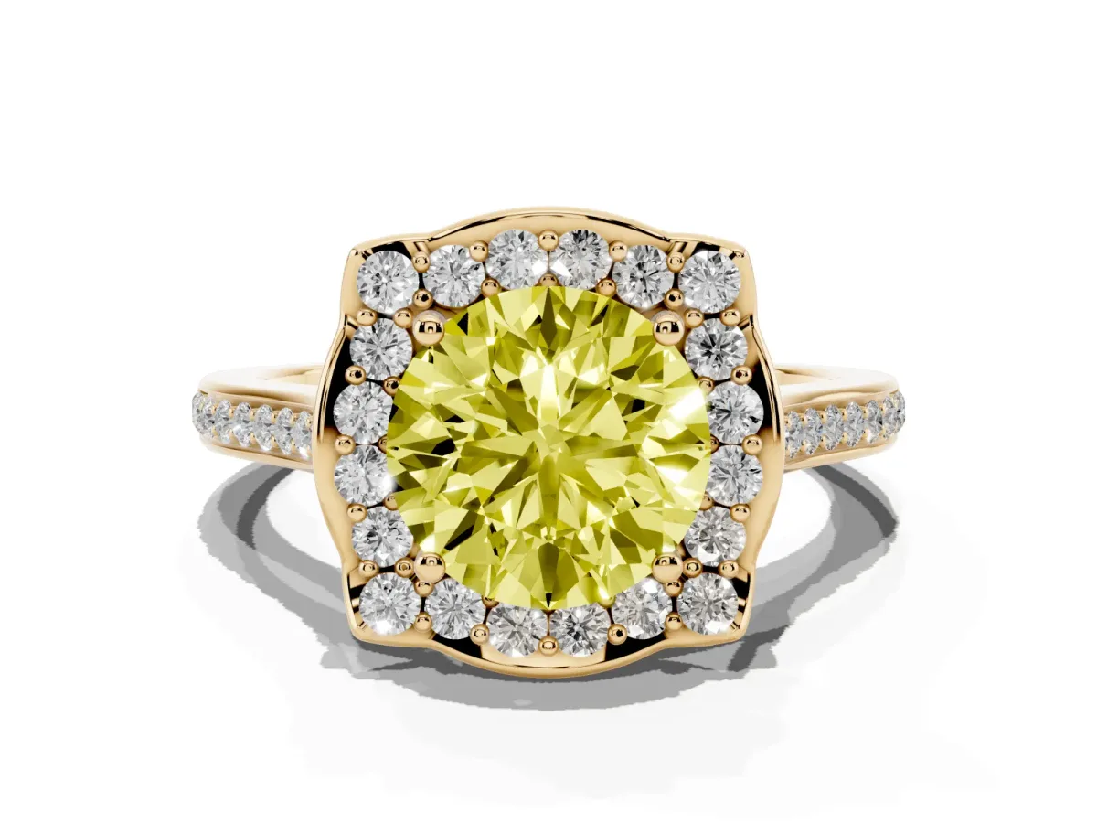 Fancy Yellow Round Cut Halo Round Diamond Pave Band with Four-Prong Setting Yellow gold