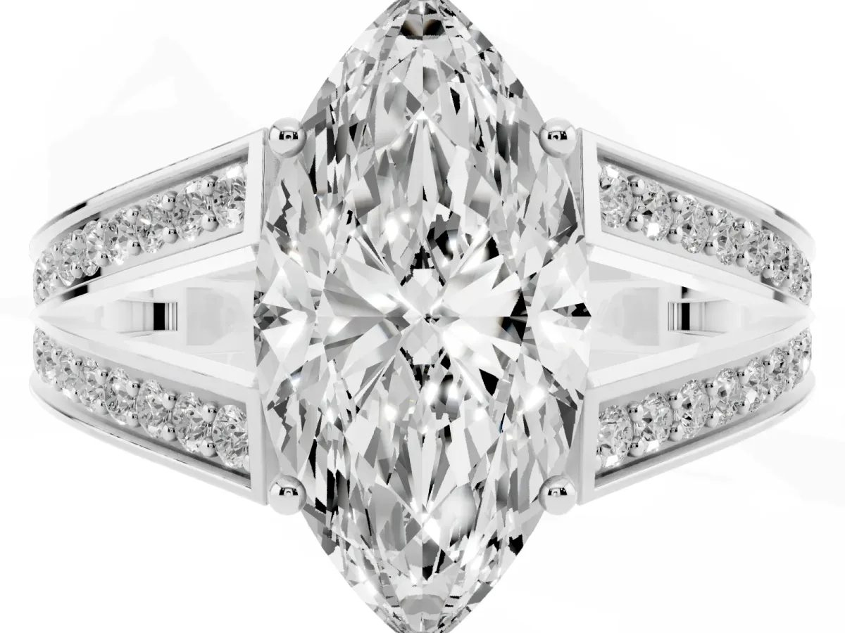 Marquise Cut Diamond Split Shank Ring with Pavé Band and Four-Prong Setting Silver