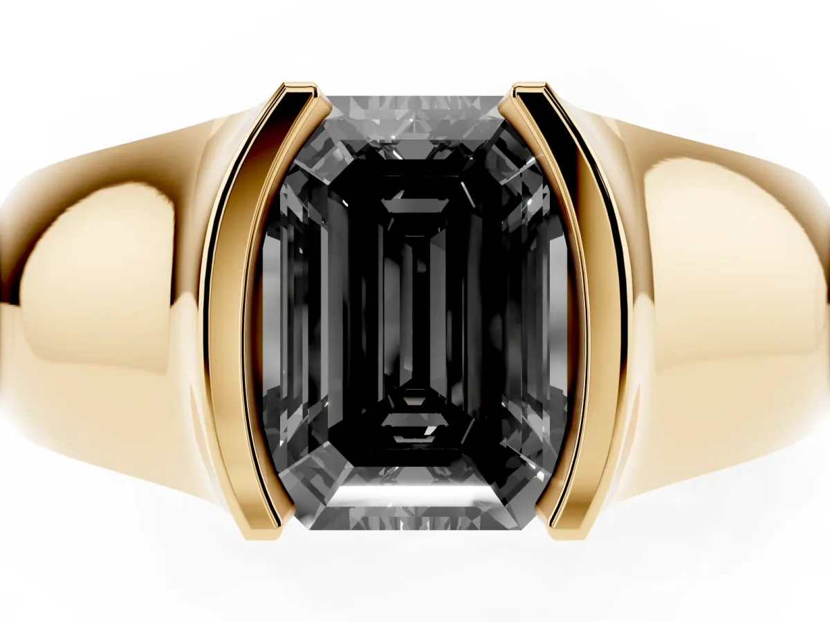 Fancy Black Emerald Cut Solitaire Bezel Set Diamond Ring with Wide Band Yellow gold