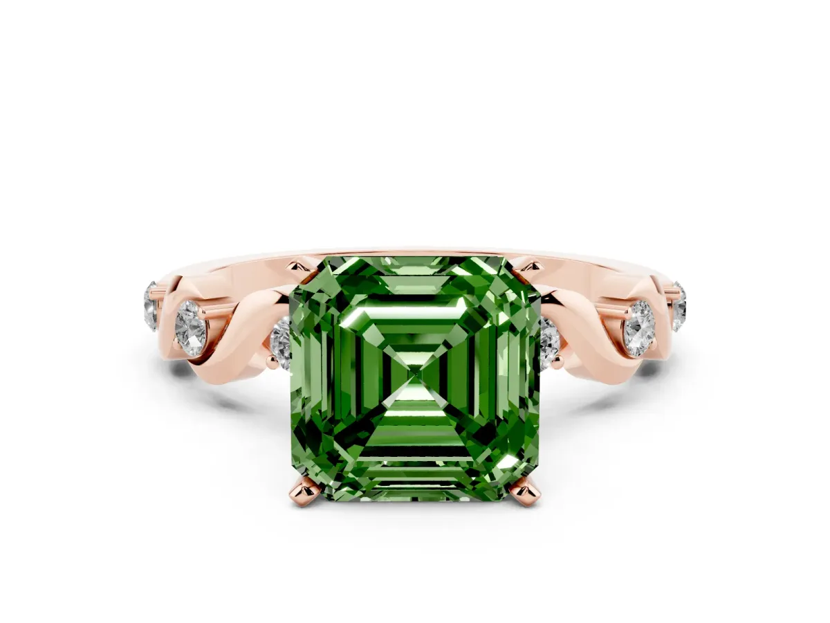 Fancy Green Asscher Cut Diamond Solitaire Twisted Band with Round Accents and Prong Setting Rose gold