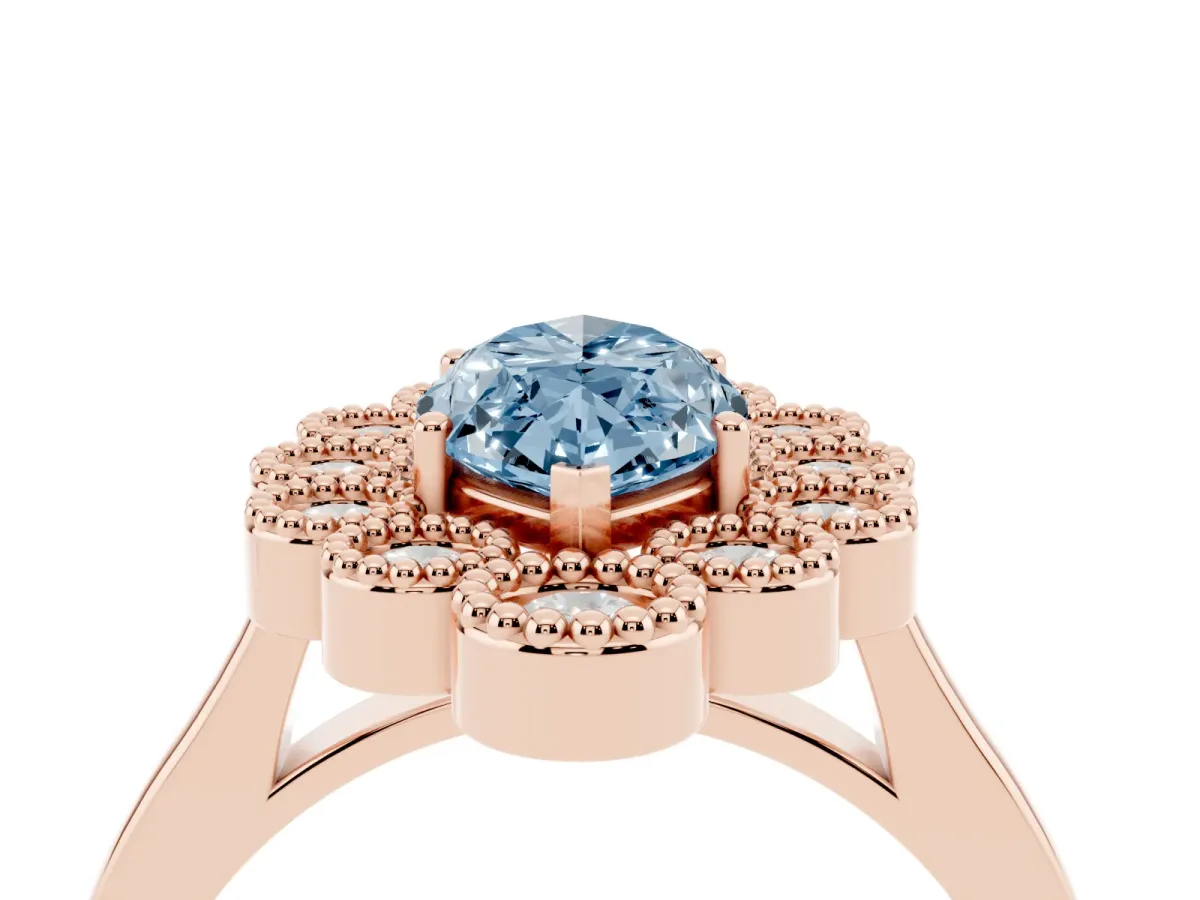 Fancy Blue Marquise Cut Halo Diamond Cluster Engagement Ring with Milgrain Bezel Setting and Solitaire Band Rose gold