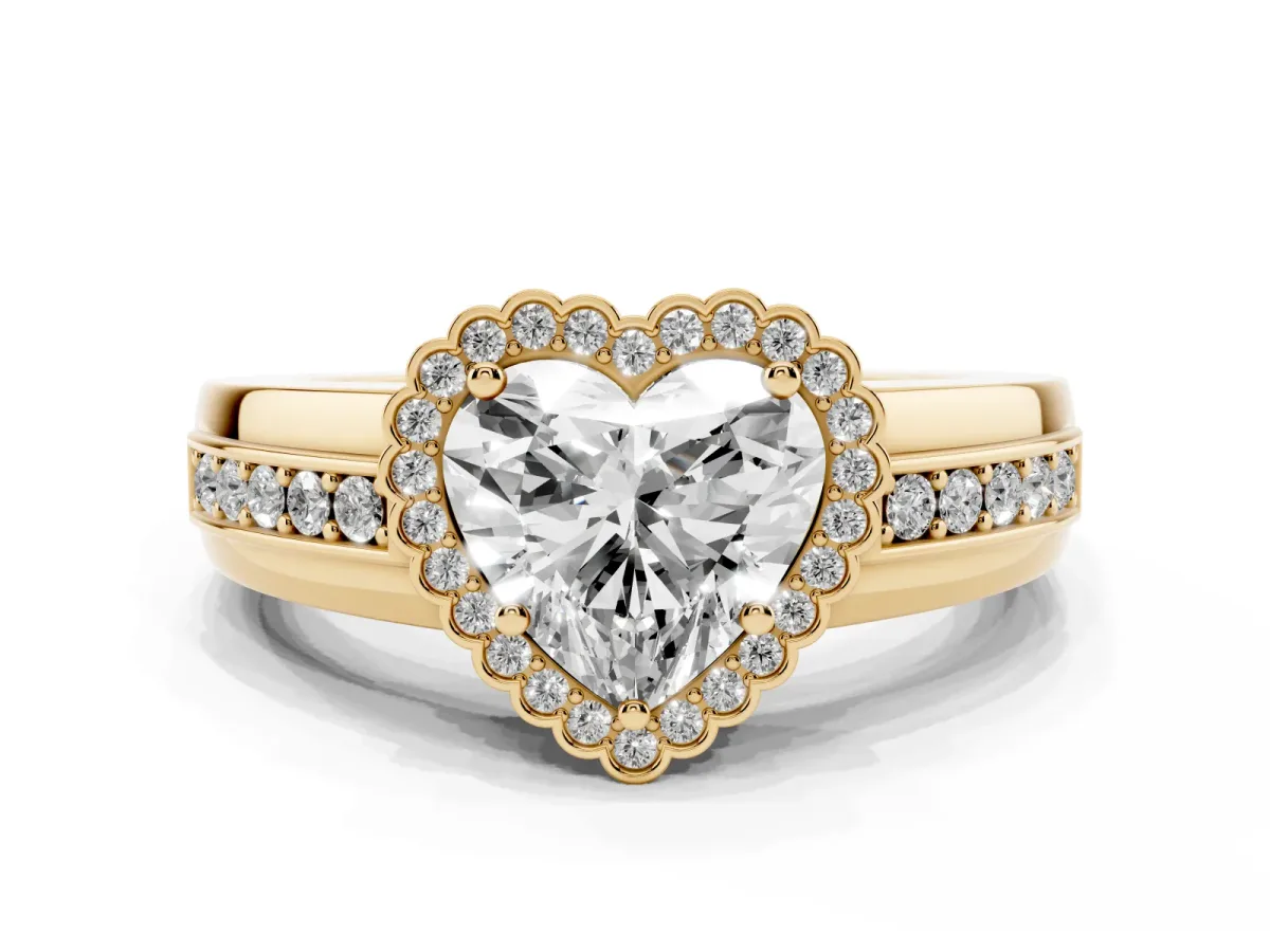 Heart Cut Cut Halo Pave Band Four-Prong Ring Yellow gold