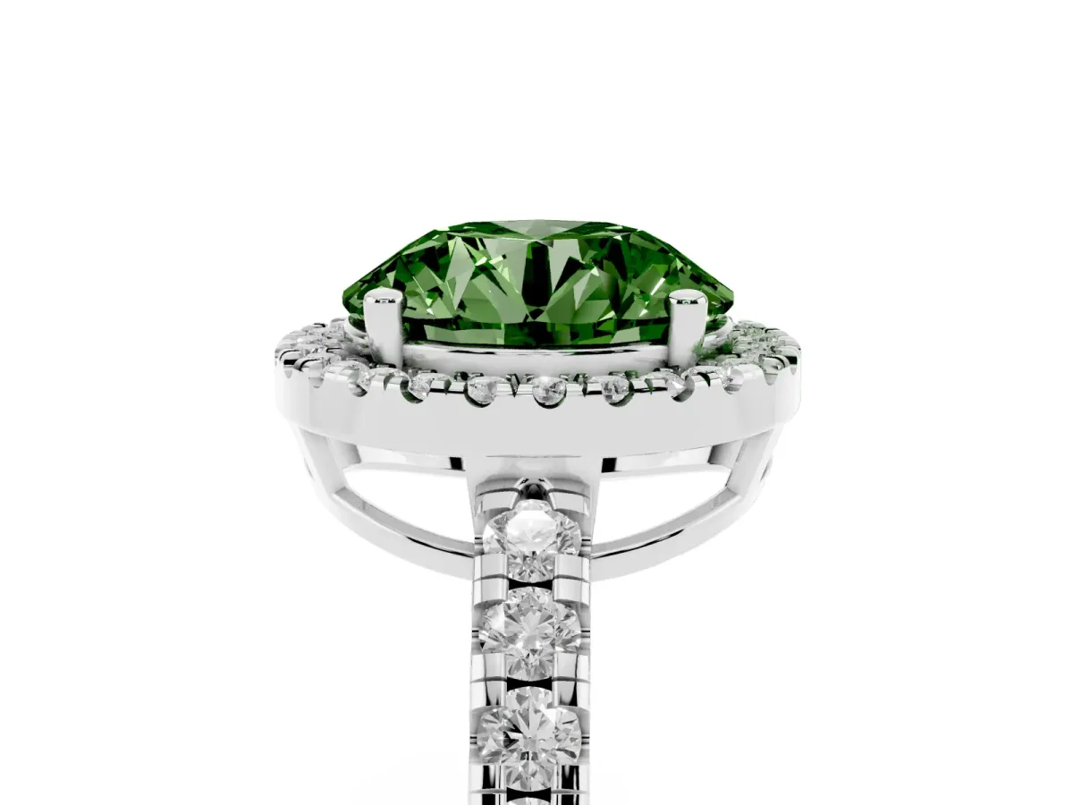 Fancy Green Round Cut Diamond Halo Ring with Pavé Band and Four-Prong Setting Silver