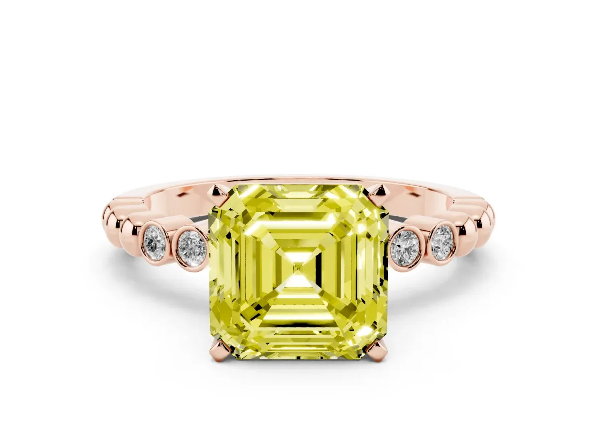 Fancy Yellow Asscher Cut Solitaire Bezel Accent Diamond Engagement Ring with Beaded Band and Four-Prong Setting Rose gold