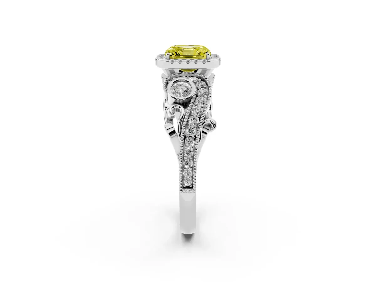 Fancy Yellow Asscher Cut Halo Diamond Ring with Milgrain and Bezel Accents on a Split Shank Band Platinum